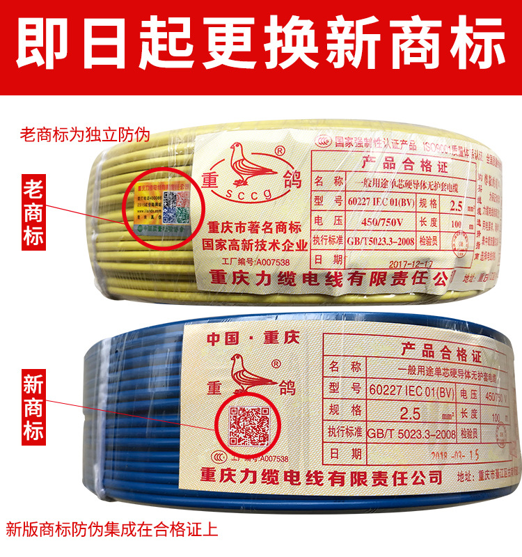 厂家批发重鸽牌铜芯线 BV单芯硬线全规格详解，家庭装修首选国标线